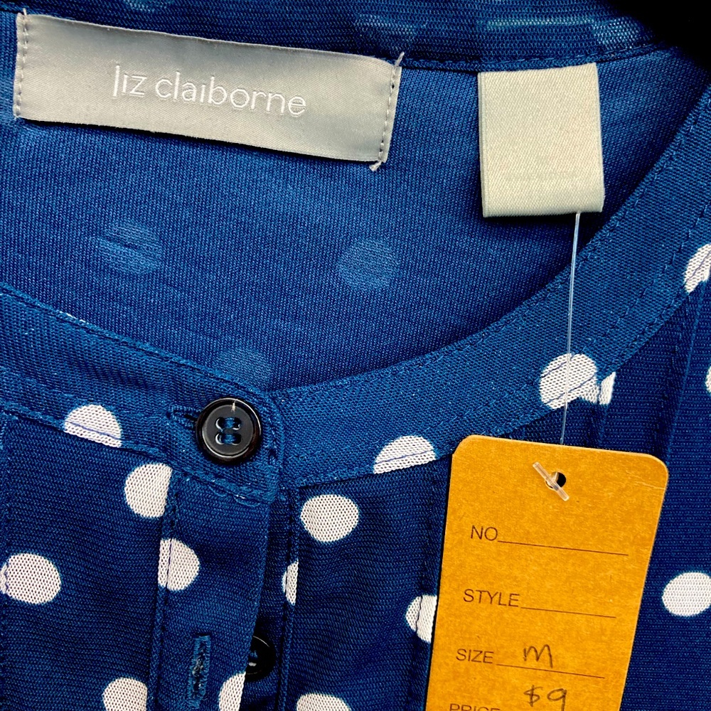 Liz Claiborne sleeveless blue shirt with white polka dots